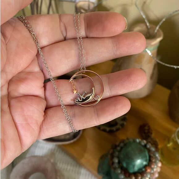 Cat, Moon, Star Sterling Silver Two-Tone Necklace - Picture 1 of 3